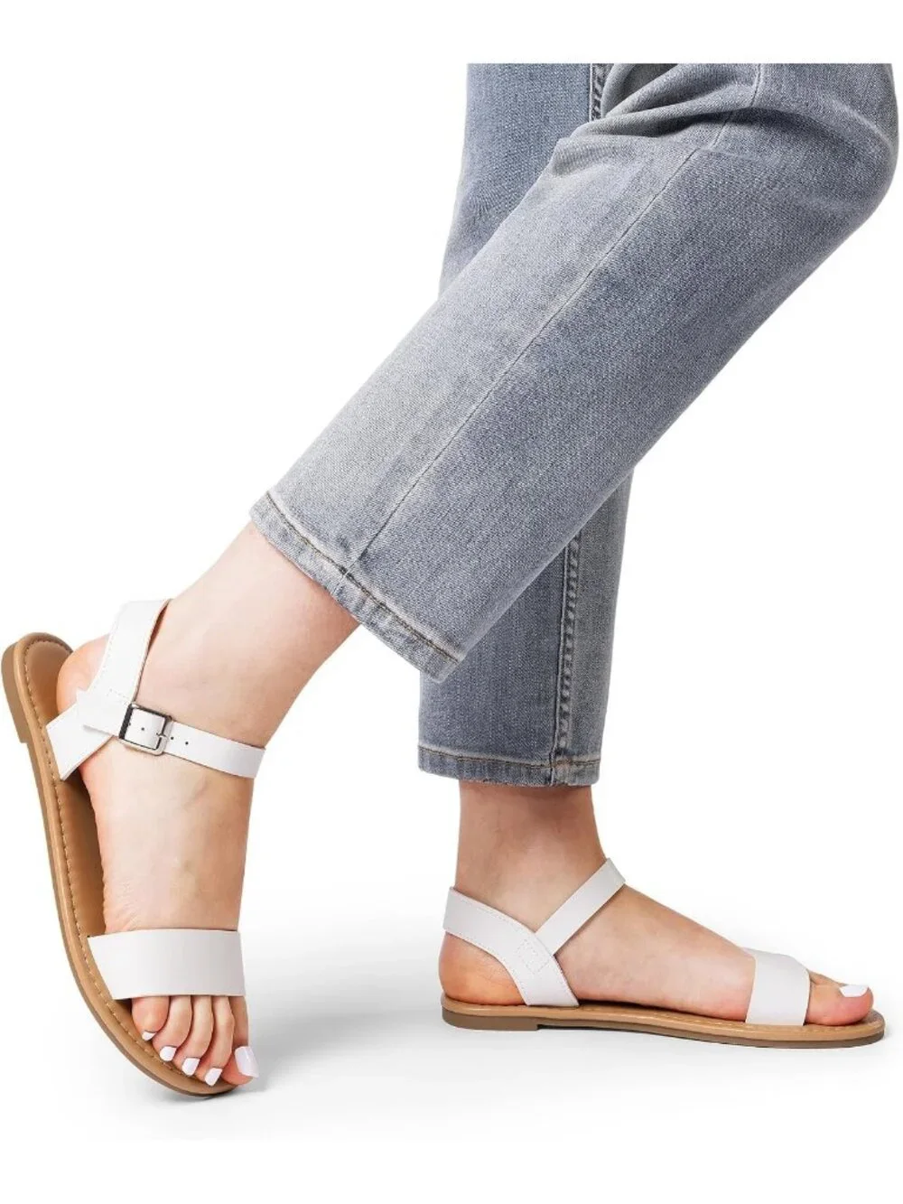 Women's White Pu Ankle Strap Flat Sandal Open Toe One Band Buckle Summer Sandals